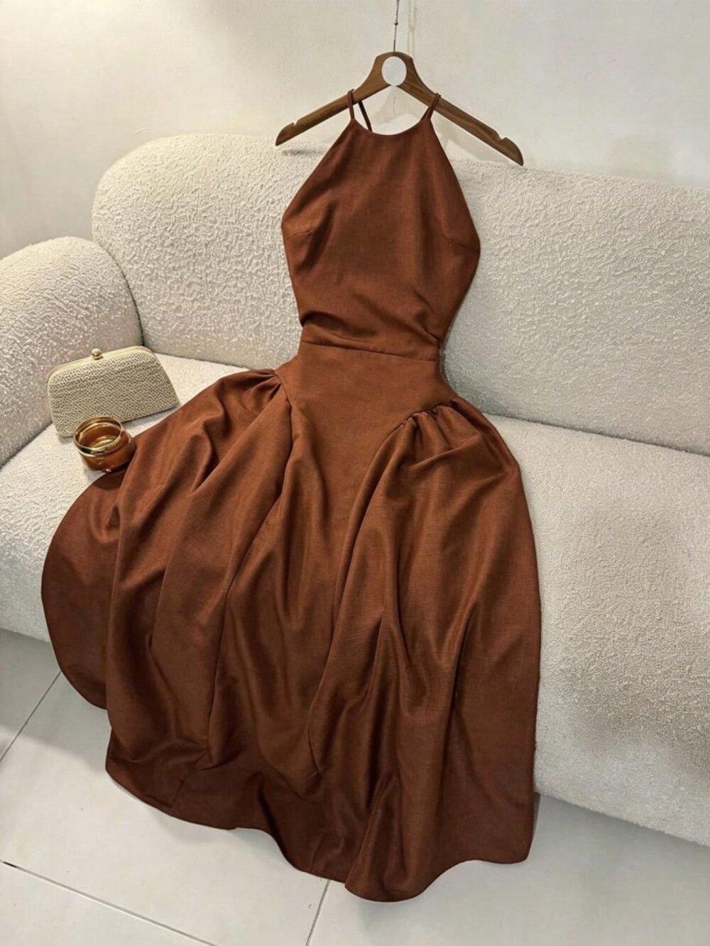 Coffee Brown Sexy Women's Two-Sided Ruched Open Back Wrap Tie Midi Dress - Picture 2 of 5